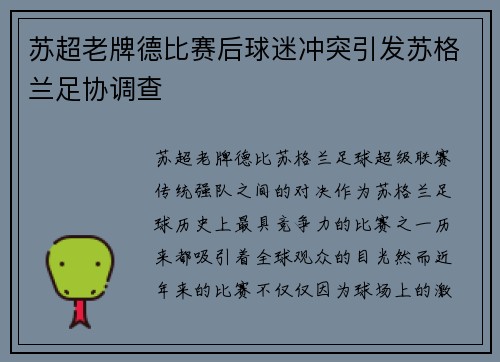 苏超老牌德比赛后球迷冲突引发苏格兰足协调查 苏超老牌德比赛后球迷冲突引发苏格兰足协调查